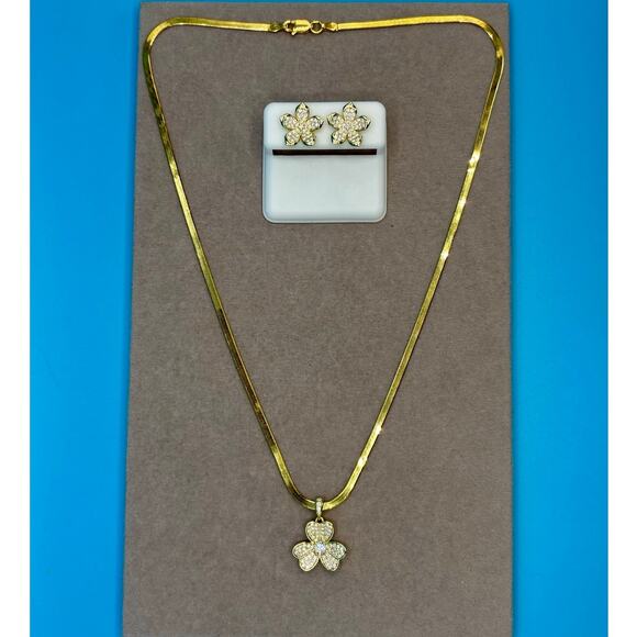 None and/or Unknown Jewelry - Sparkling Moissanite Flower Pendant & Earrings Set with Gold Chain